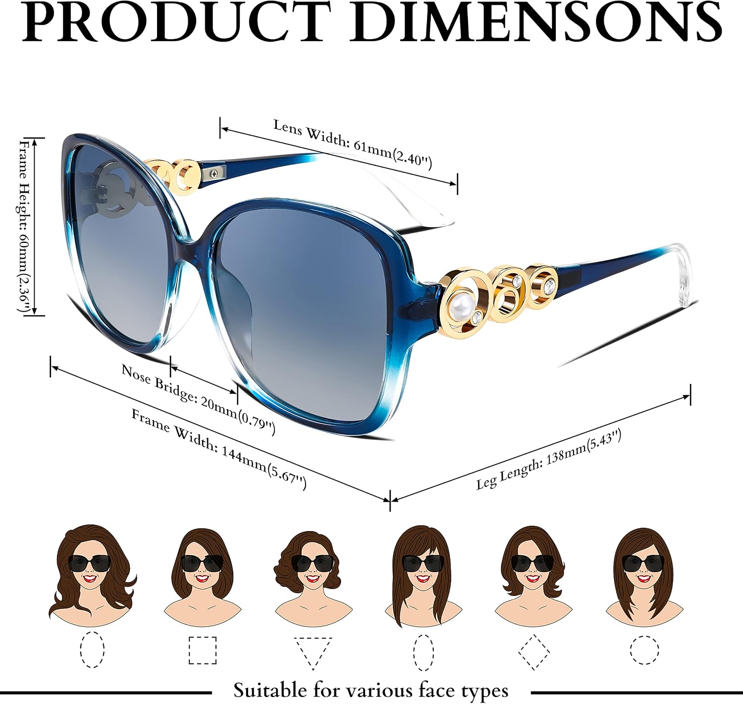 商品图片 22 | B0BJ71VZCB | FEISEDY Women's Fashion Sunglasses, Oversized Square Frame with Pearl Sparkling, Polarized UV Protection B2821