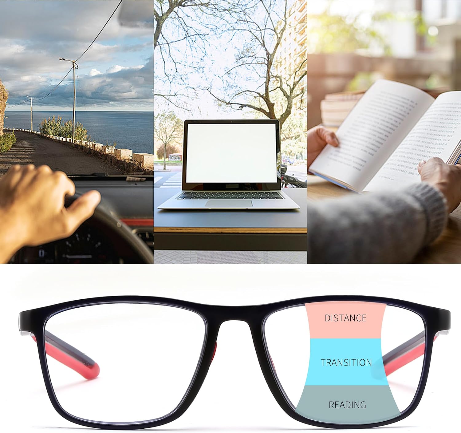 商品图片 12 | B0GLF6C715 | FEISEDY Progressive Multifocal Reading Glasses Blue Light Blocking B0397 | Sports Square Frame Near-Far Dual Use Blue Light Blocking Reading Glasses for Women Men