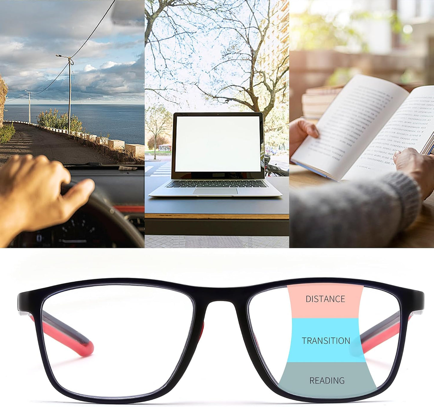 商品图片 12 | B0GLF6C715 | FEISEDY Progressive Multifocal Reading Glasses Blue Light Blocking B0397 | Sports Square Frame Near-Far Dual Use Blue Light Blocking Reading Glasses for Women Men