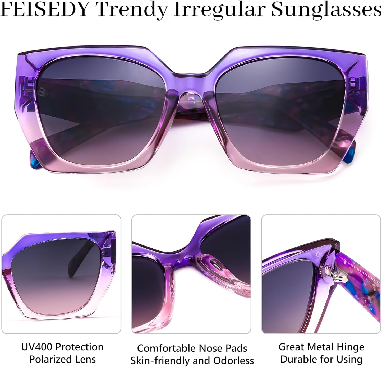 商品图片 4 | B0CNCTSQ2Z | FEISEDY Trendy Polarized Sunglasses, Oversized Irregular TR Frame for Women Men, Retro Shades UV400 B0016