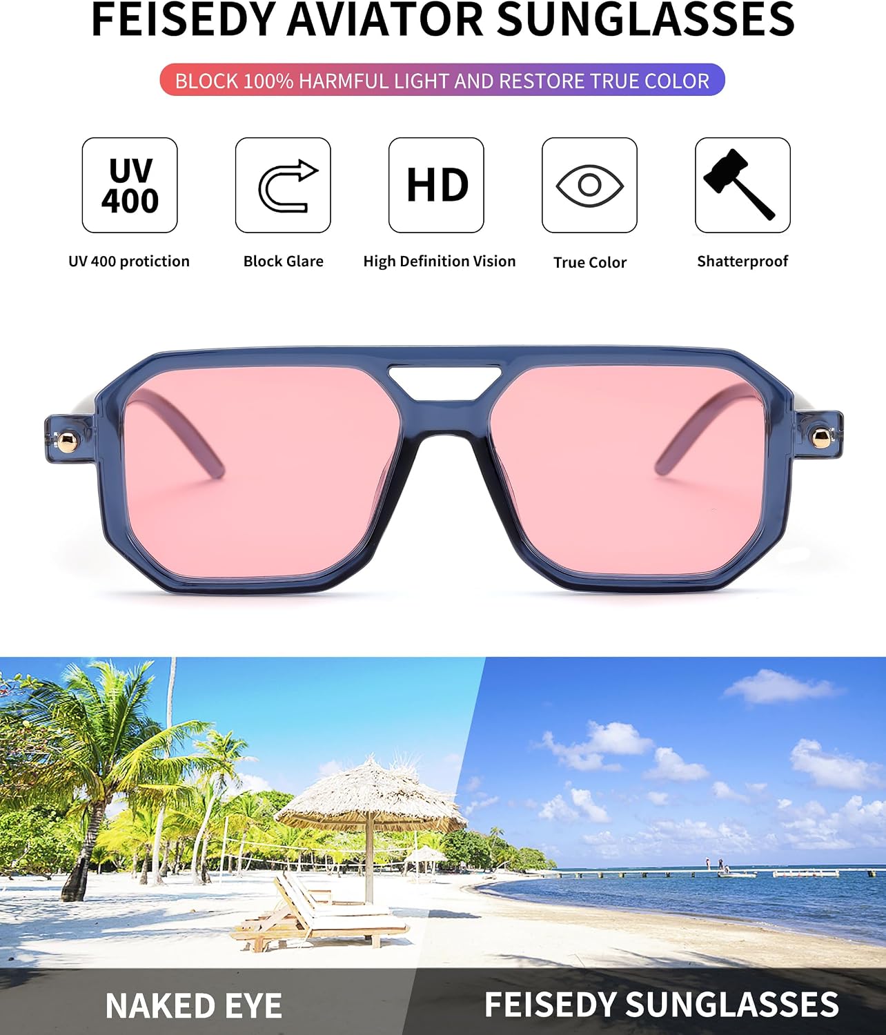 商品图片 11 | B09YTJ4FQZ | FEISEDY Vintage Square 70s Flat Aviator Sunglasses Women Men Classic Retro Stylish Frame UV400 Sunglasses B2622