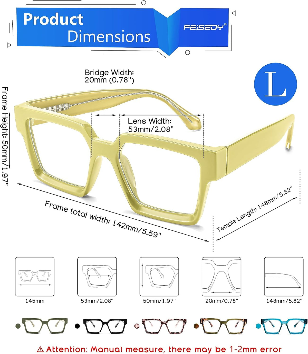 ÉÌƷͼƬ 12 | B0CDBH37B5 | FEISEDY Oversized Blue Light Glasses for Women Men TR90 Retro Square Anti Eyestrain Glasses Rectangle Fashion Frame B0037