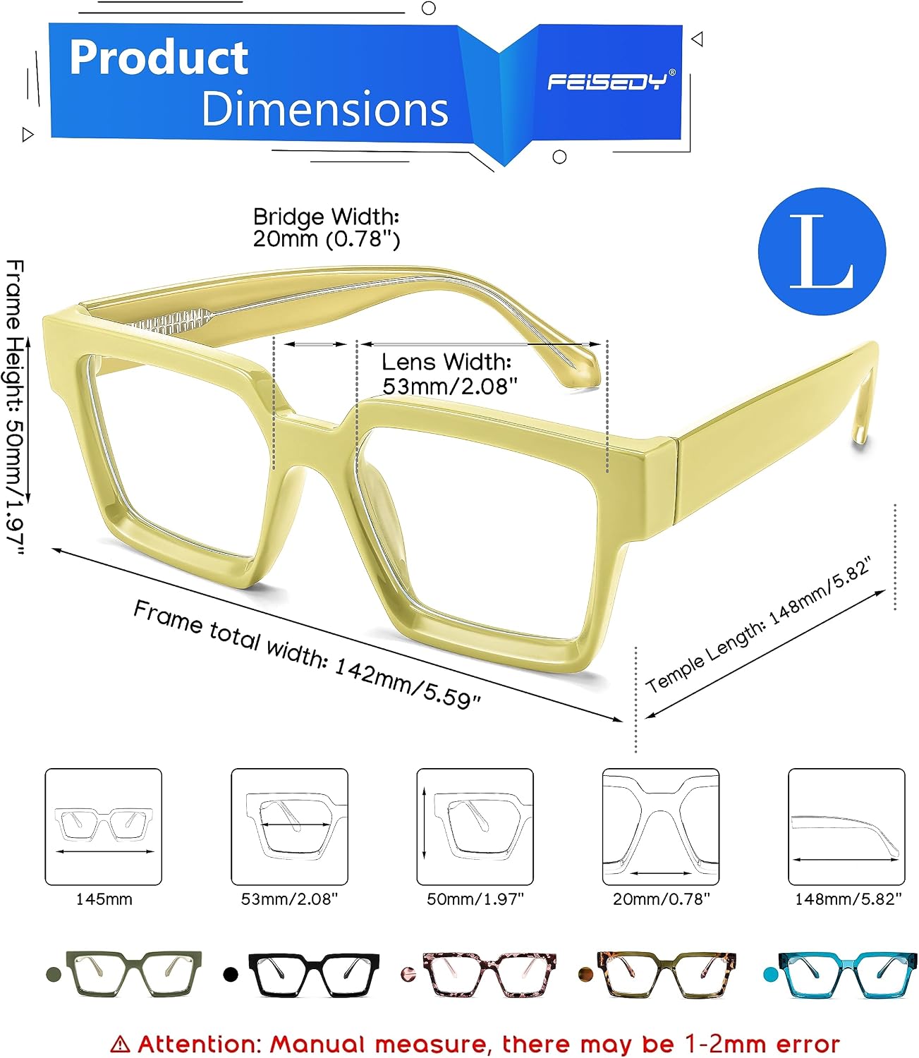 商品图片 12 | B0CDBH37B5 | FEISEDY Oversized Blue Light Glasses for Women Men TR90 Retro Square Anti Eyestrain Glasses Rectangle Fashion Frame B0037