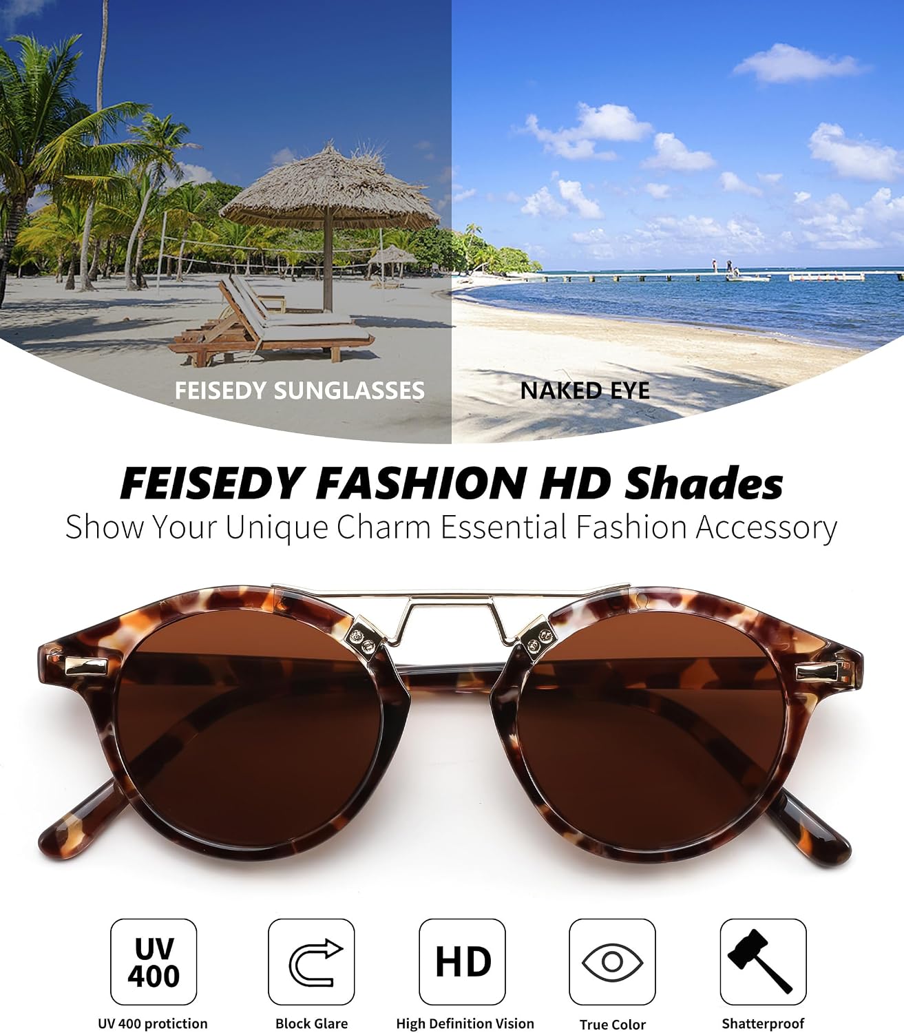 商品图片 7 | B0GX62YR7C | FEISEDY Retro Round Metal Brow Sunglasses for Women for Small Face B0427