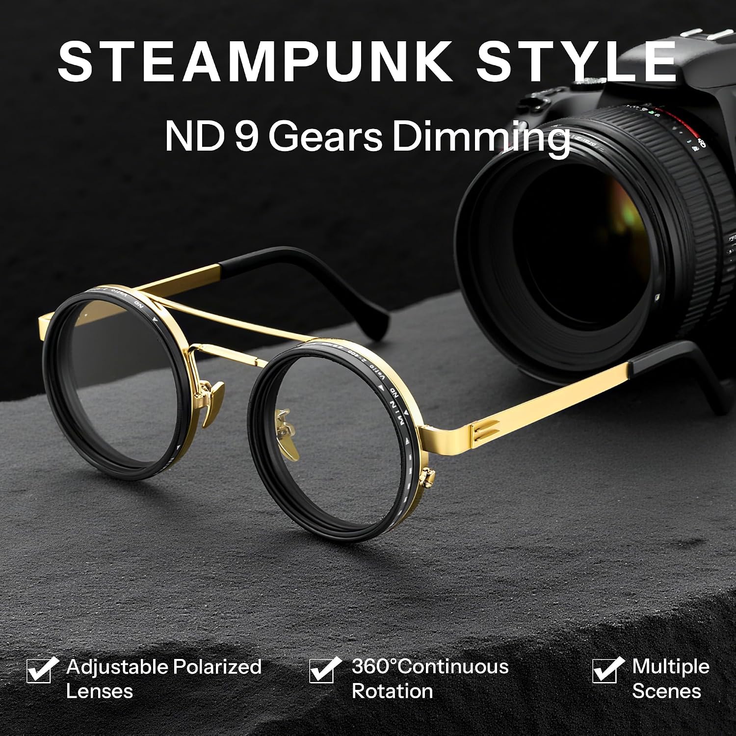 商品图片 32 | B0FK1DDVSV | FEISEDY Adjustable Sunglasses Polarized Men, Round Metal ND Filter B1400