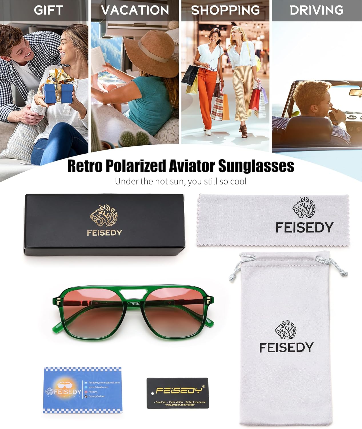 商品图片 63 | B0H2V9BFS5 | FEISEDY Retro Polarized Aviator Square Sunglasses for Women Men UV400 B0357