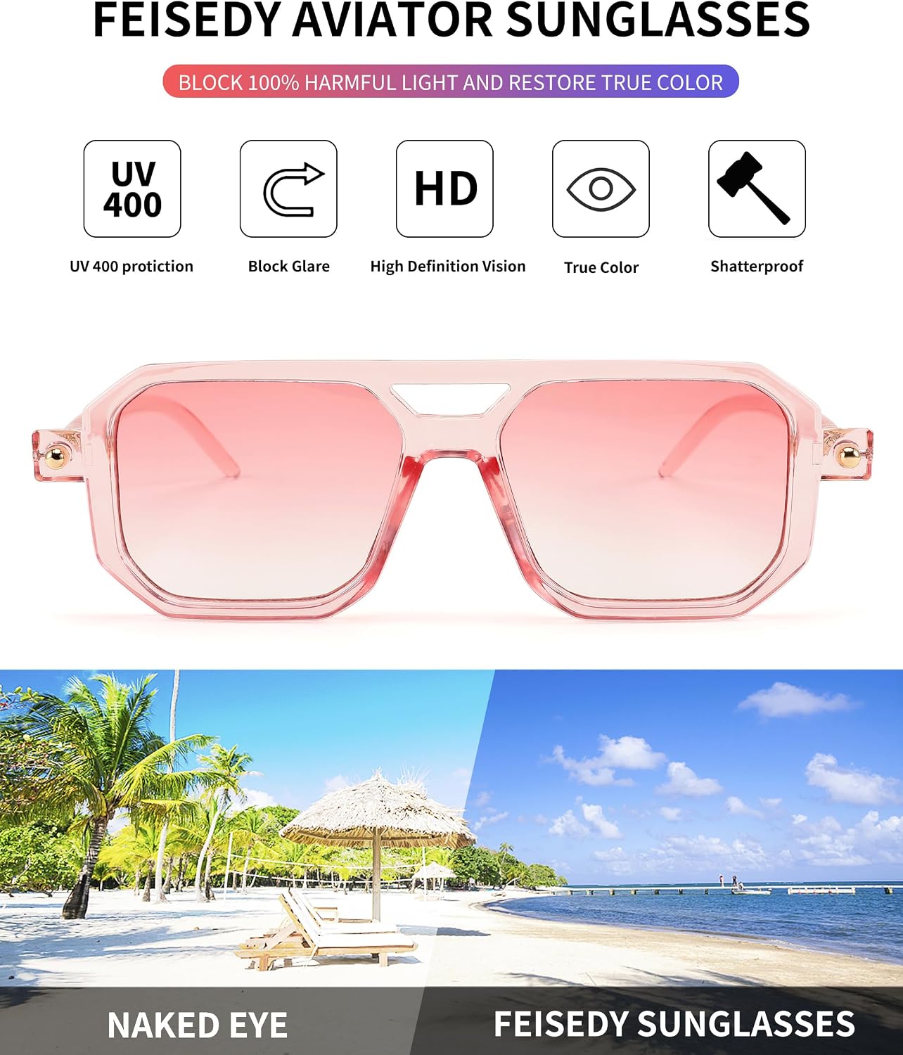 商品图片 78 | B09YTJ4FQZ | FEISEDY Vintage Square 70s Flat Aviator Sunglasses Women Men Classic Retro Stylish Frame UV400 Sunglasses B2622