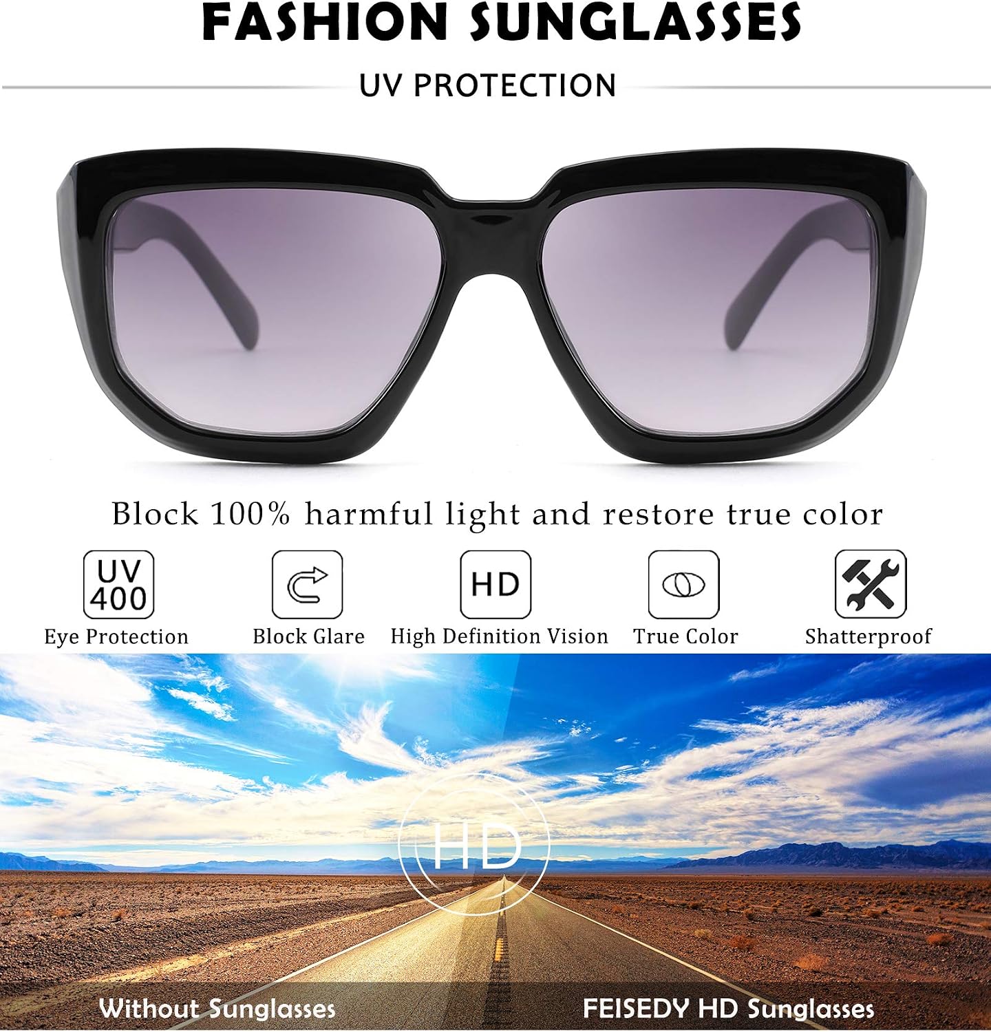 商品图片 4 | B08PD9KPH8 | FEISEDY Women Retro Square Sunglasses Trendy Shield Flat Top Shades B2717