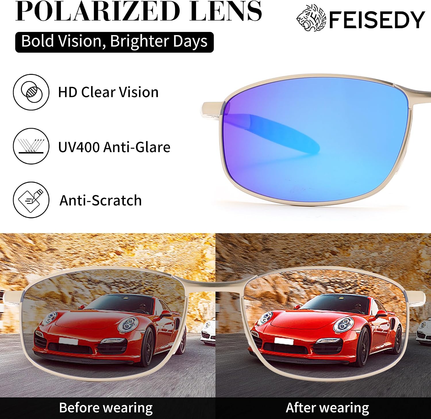商品图片 33 | B07GSRV2H5 | FEISEDY Rectangle Polarized Square Sunglasses for Men Women B2444