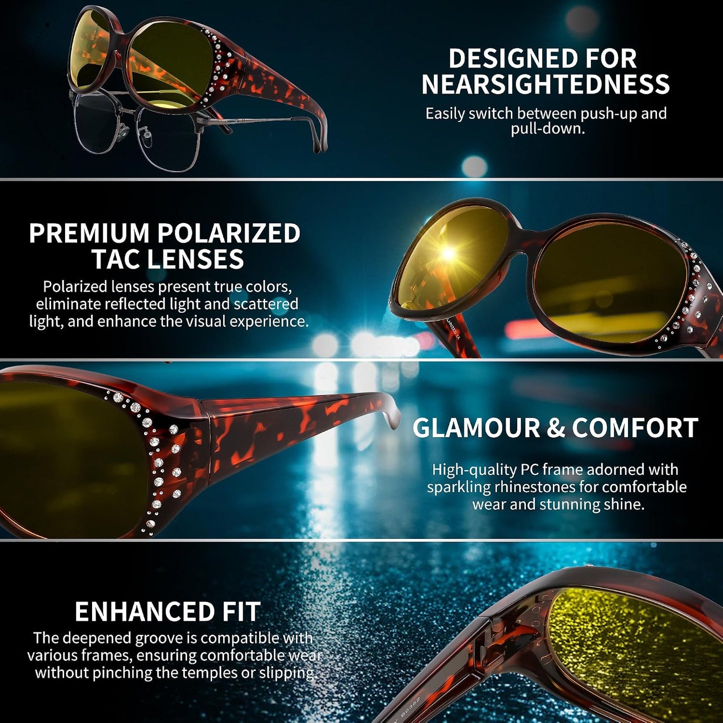 商品图片 44 | B0GRVLVZYS | FEISEDY Women's Polarized Wrap-Around Fit Over Sunglasses with Rhinestones, Anti-Glare Driving Sun Glasses B0362