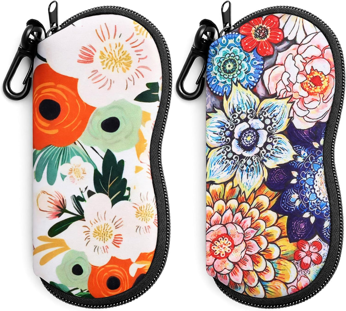 Three Flowers + Brilliant Flowers | B0GFYHF6BY | FEISEDY 2Pack Sunglasses Soft Case Ultra Light Neoprene Zipper Portable Eyeglass Pouch with Belt Clip B0385