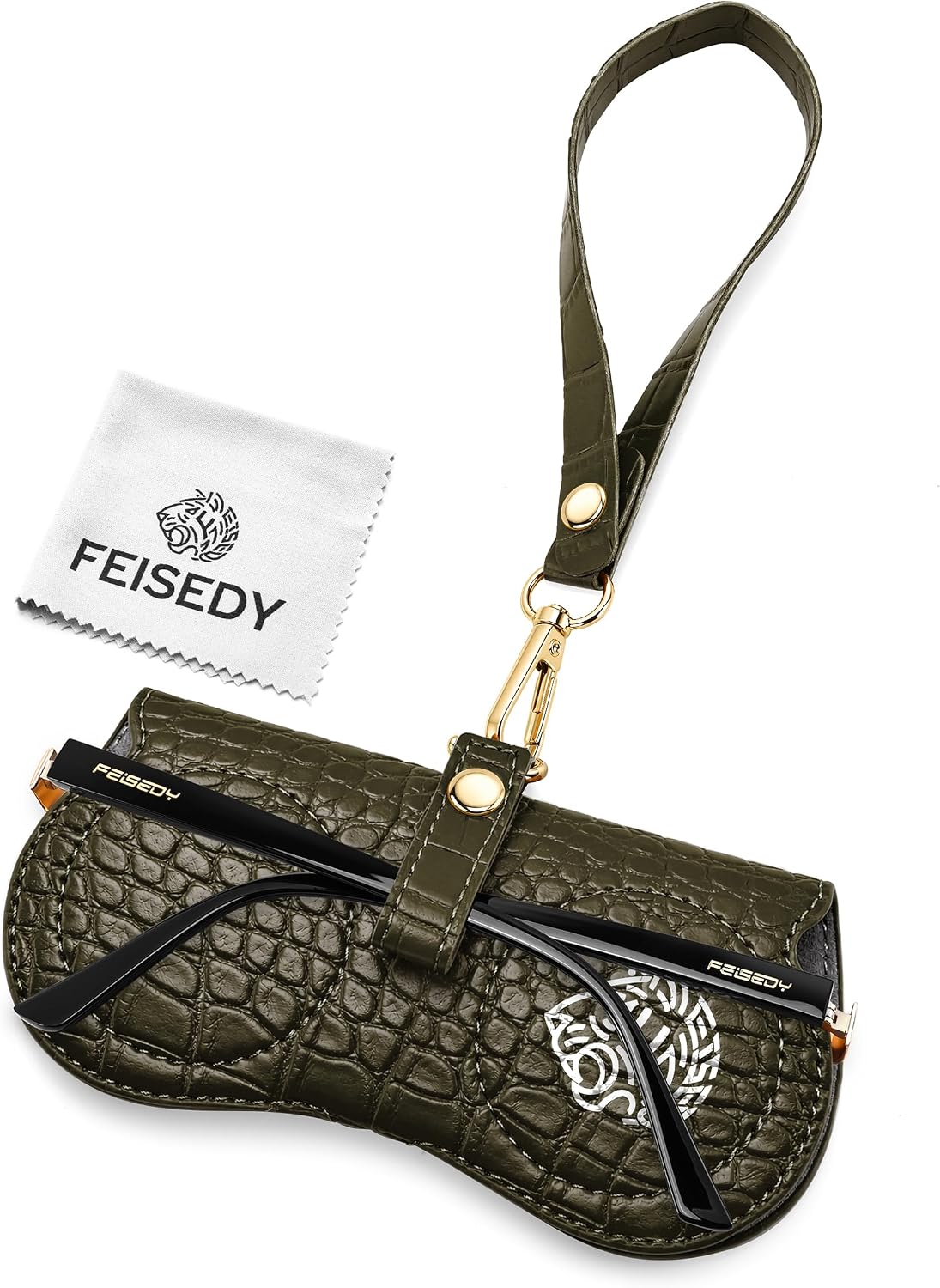 Olive Green | B0H4QPHCZX | FEISEDY Soft Crocodile Textured Leather Sunglass Bag, Portable Glasses Pouch With Button Clip Wrist Strap B0366