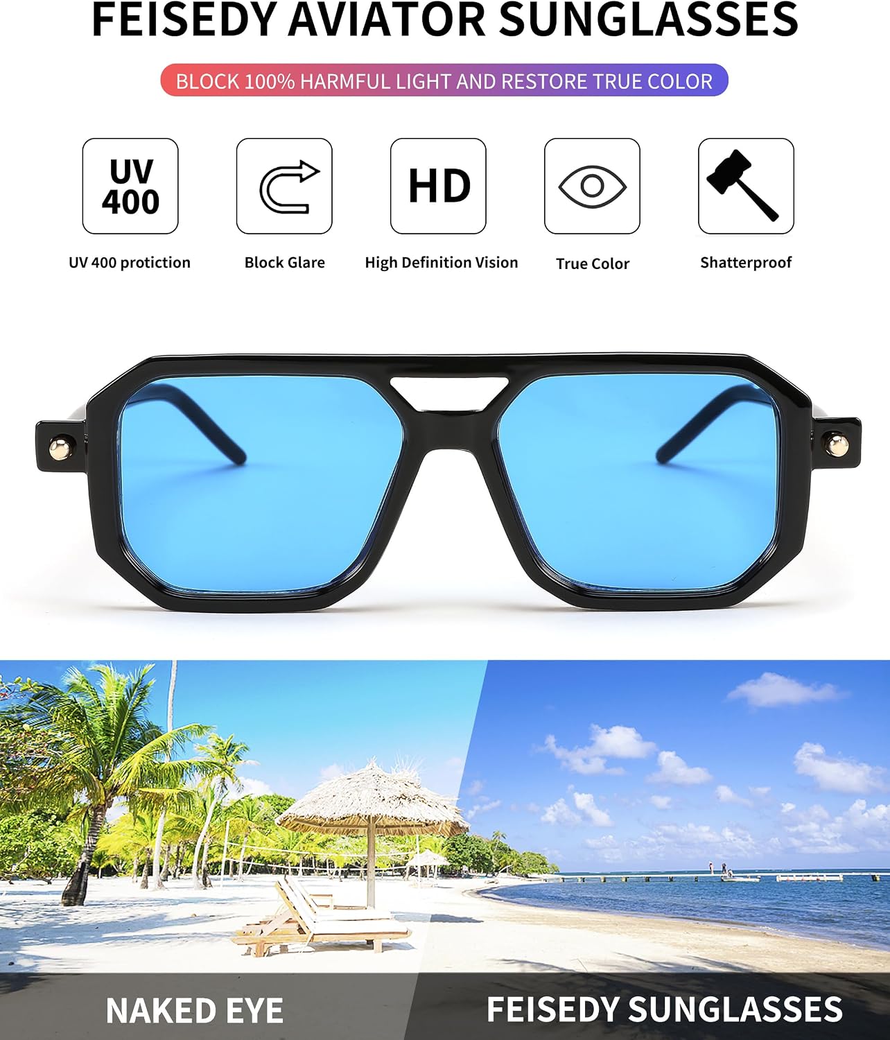 商品图片 125 | B09YTJ4FQZ | FEISEDY Vintage Square 70s Flat Aviator Sunglasses Women Men Classic Retro Stylish Frame UV400 Sunglasses B2622