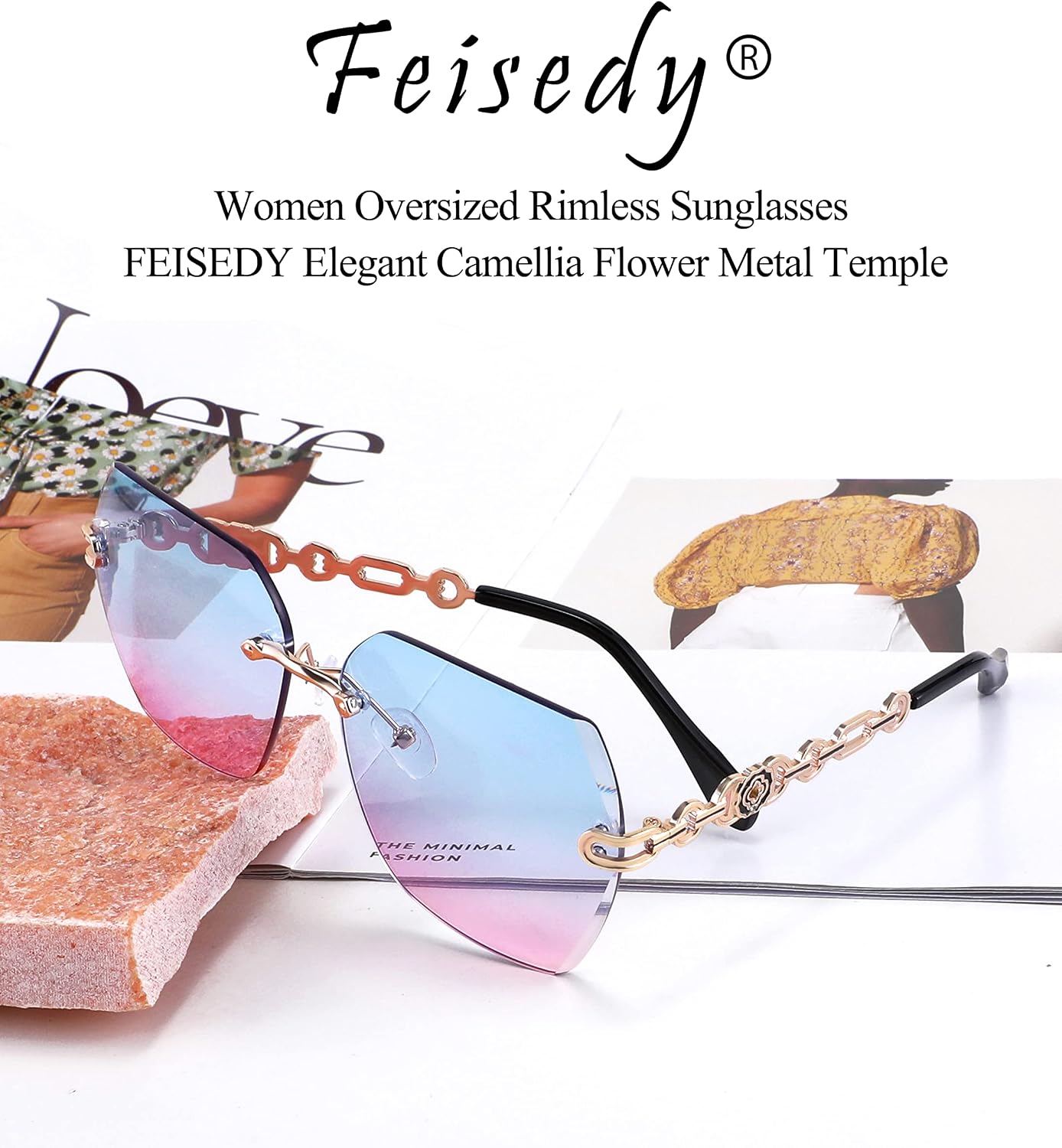 商品图片 67 | B083VRLS2Q | FEISEDY Classic Rimless Sunglasses Women Metal Frame Diamond Cutting Lens Sun Glasses B2567