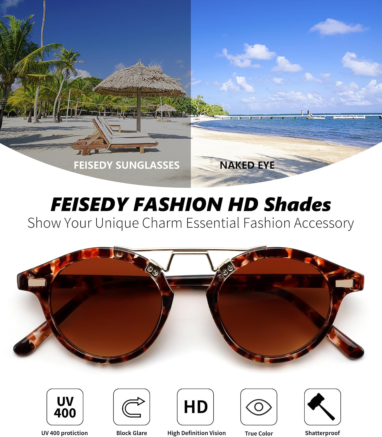 商品图片 39 | B0GX62YR7C | FEISEDY Retro Round Metal Brow Sunglasses for Women for Small Face B0427
