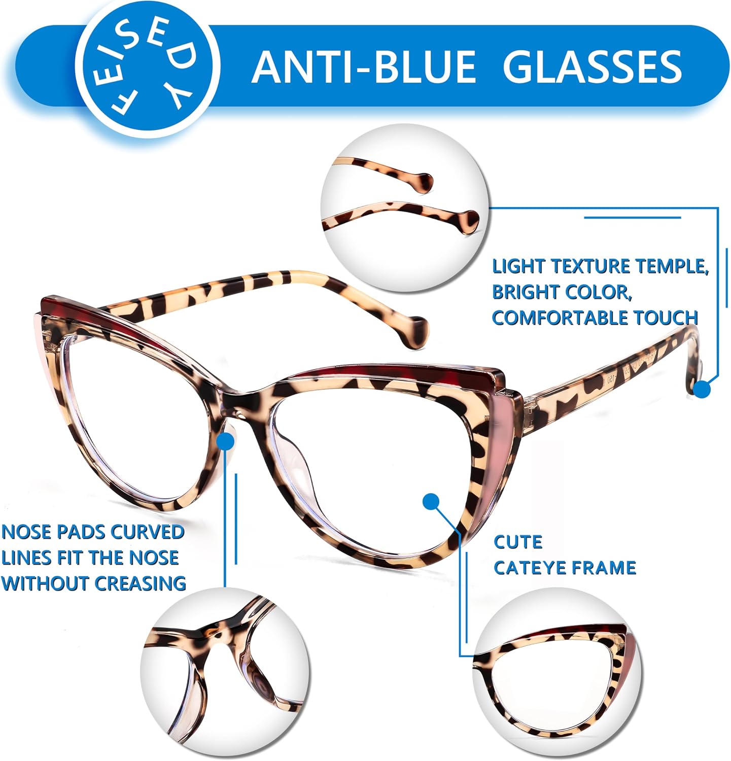 商品图片 26 | B0CGNLZQFZ | FEISEDY Women Cateye Blue Light Blocking Glasses Fake Nerd Clear Computer Eyewear TR Fashion Frame B0040