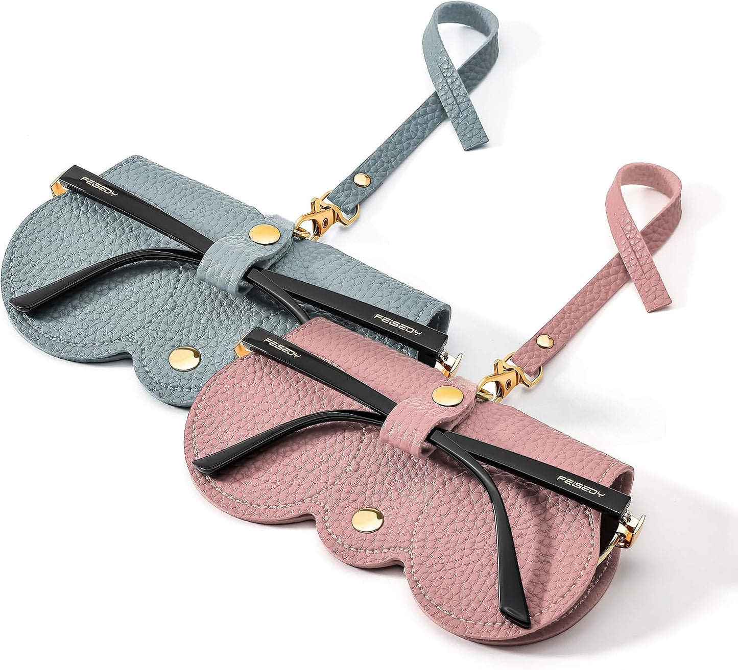 Blue+pink | B0FQJ6VQB4 | FEISEDY 2Pack Soft Leather Sunglass Bag, Portable Holder Eyeglasses Case | Lightweight Portable Design, With Button Clip Wrist Strap for Travel Daily Use B0049