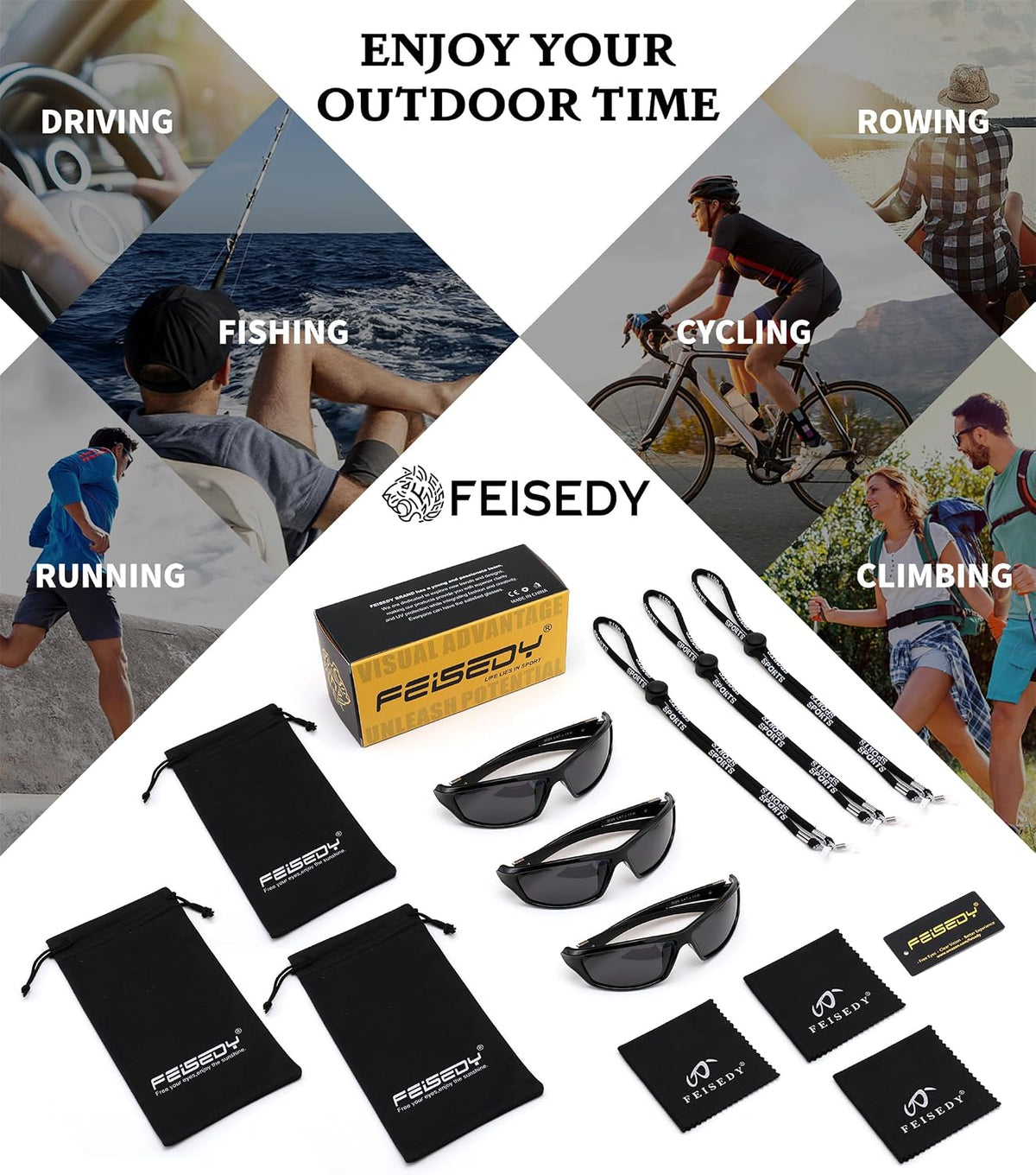 ÉÌƷͼƬ 46 | B0FG2NFPX3 | FEISEDY 3 Pack Polarized Sports Sunglasses for Men, Wrap Around Frame, UV400 Protection, Fishing Driving Cycling B2674