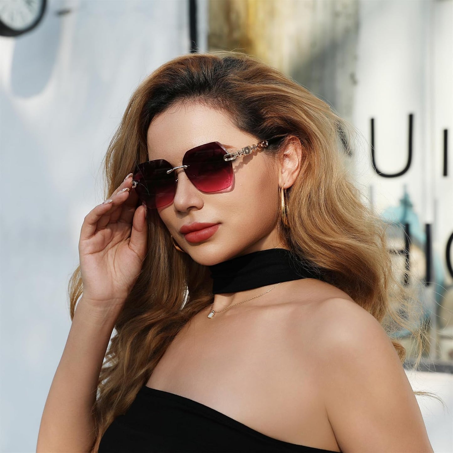 商品图片 41 | B083VRLS2Q | FEISEDY Classic Rimless Sunglasses Women Metal Frame Diamond Cutting Lens Sun Glasses B2567