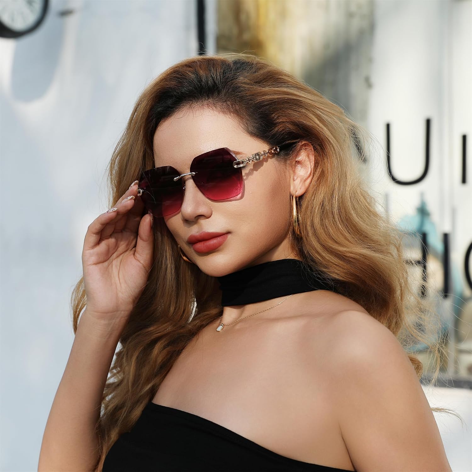 商品图片 41 | B083VRLS2Q | FEISEDY Classic Rimless Sunglasses Women Metal Frame Diamond Cutting Lens Sun Glasses B2567