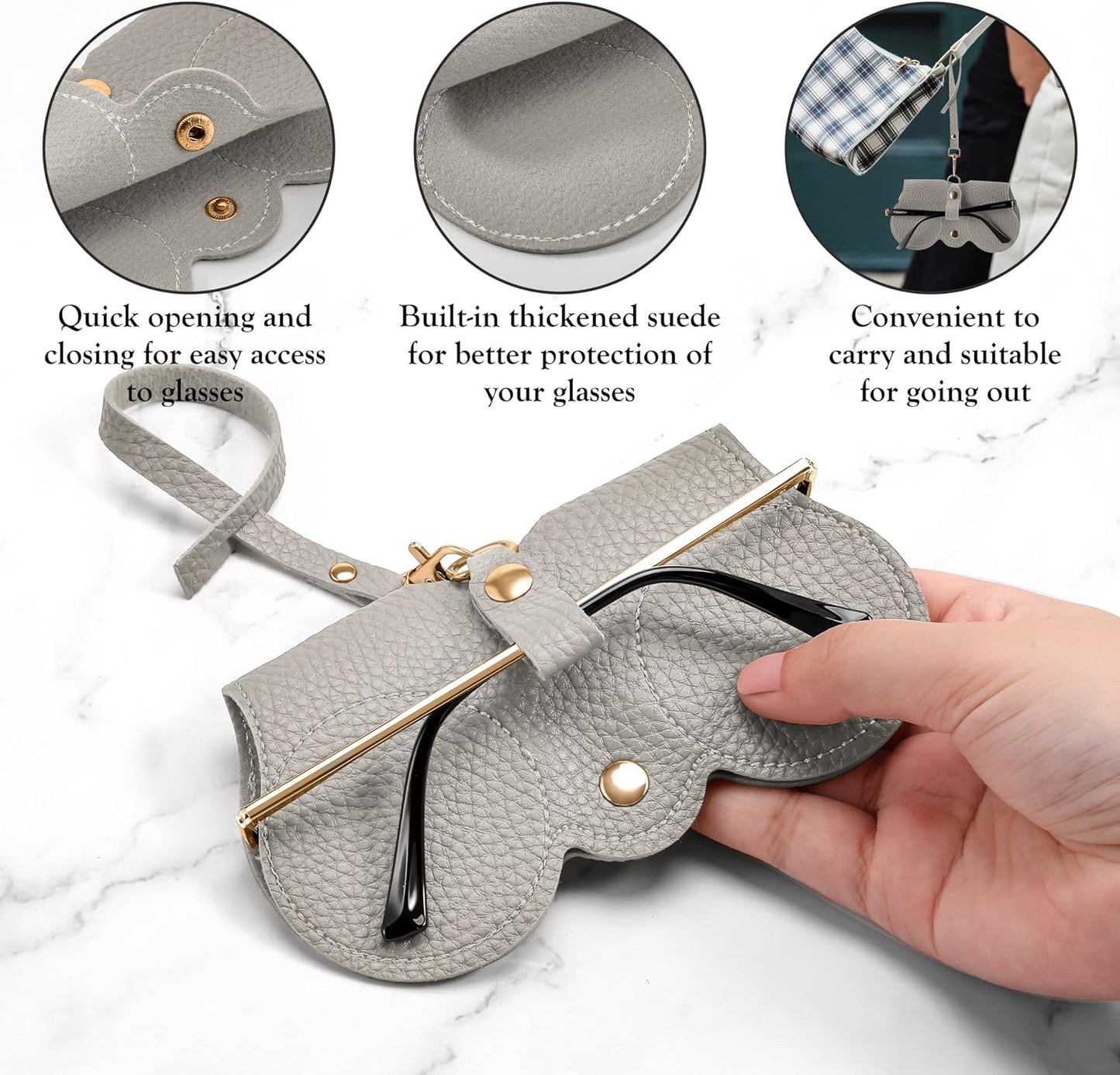 商品图片 16 | B0CFPPR4K1 | FEISEDY 2Pack Soft Leather Sunglass Bag, Portable Holder Eyeglasses Case | Lightweight Portable Design, With Button Clip Wrist Strap for Travel Daily Use B0049