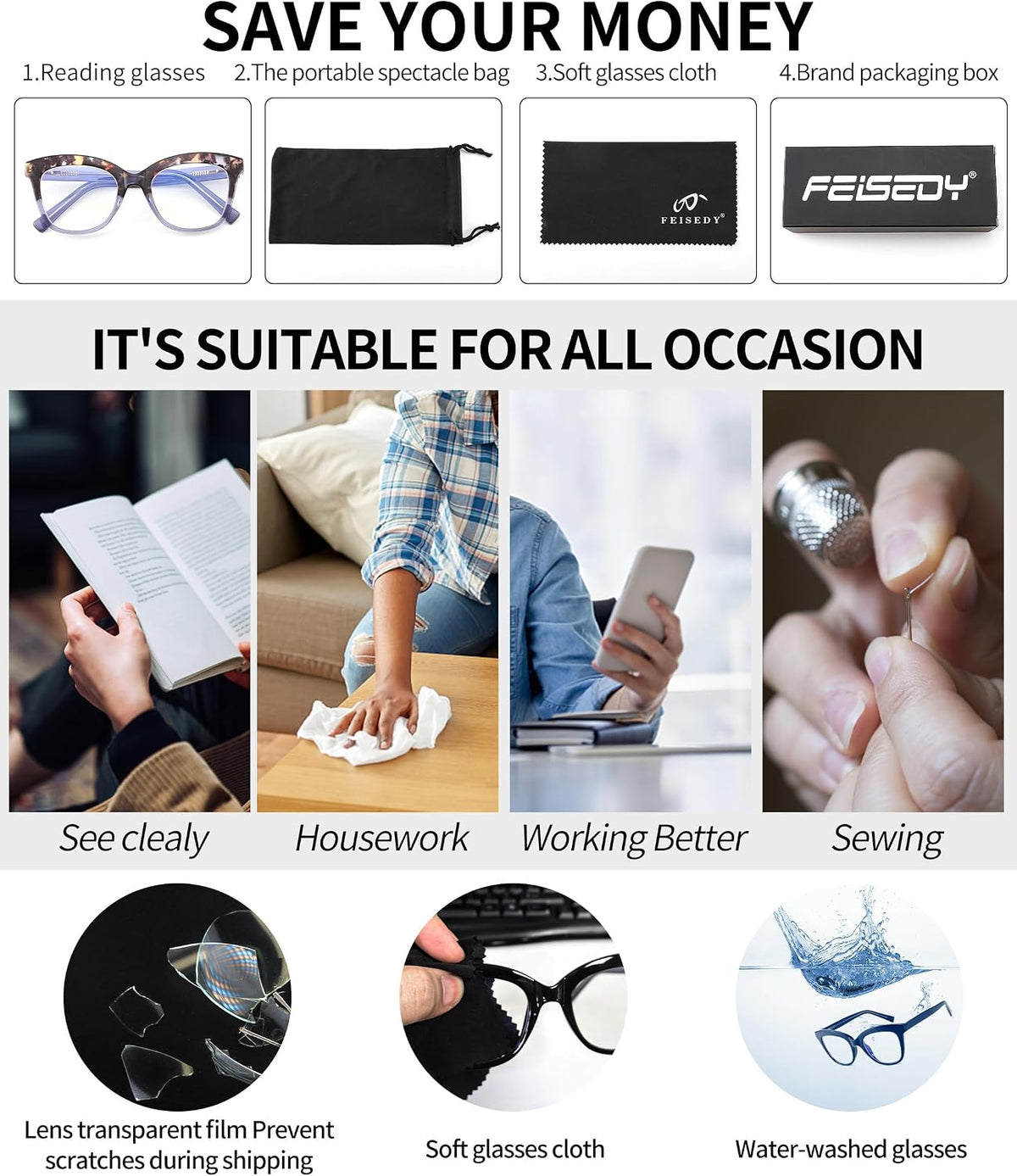 ÉÌƷͼƬ 14 | B0CNGMZZZX | FEISEDY Retro Square Reading Glasses Anti Glare Digital Blue Light Blocking Eyestrain for Women Reader B0058