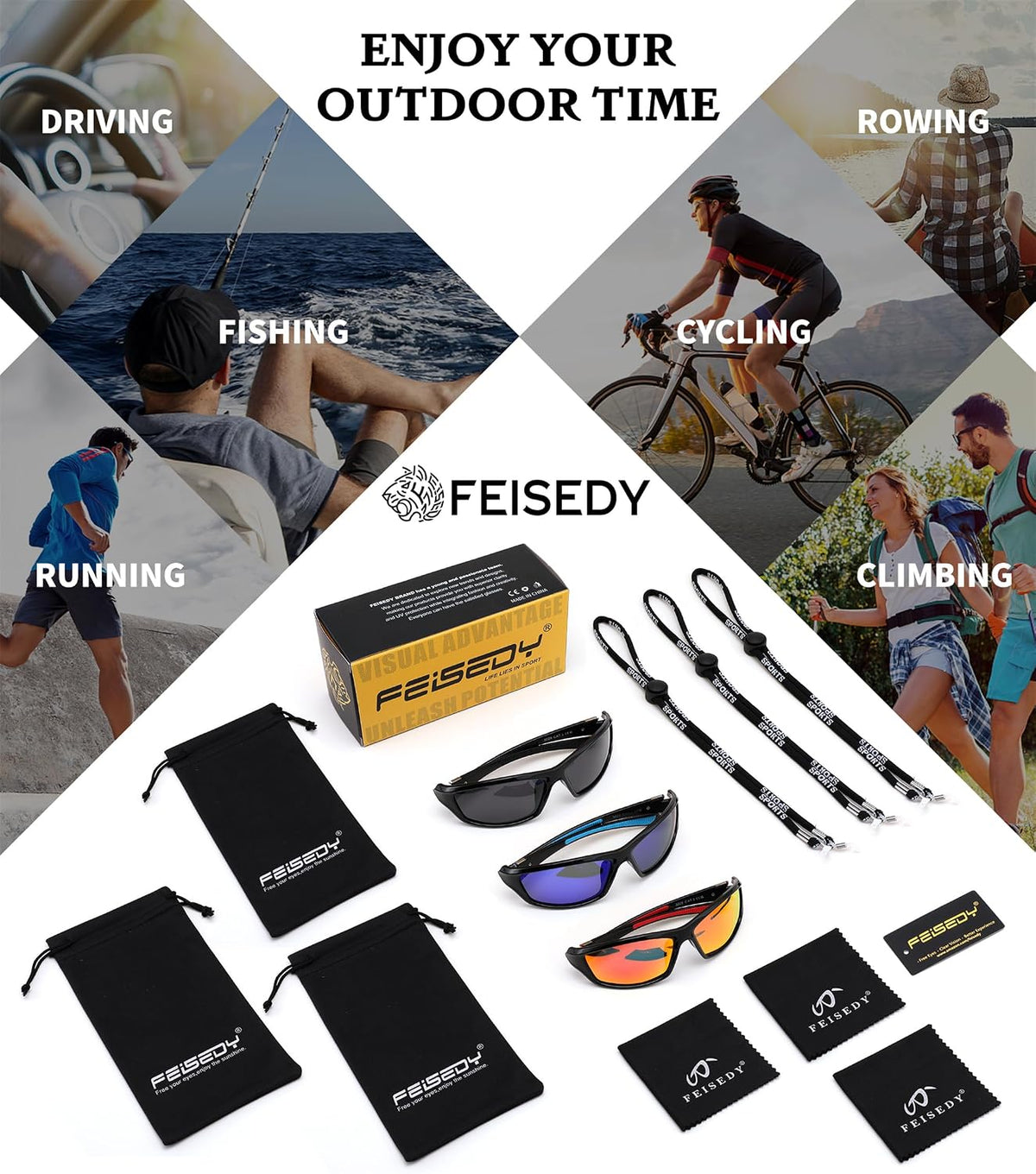 ÉÌƷͼƬ 39 | B0FG2NFPX3 | FEISEDY 3 Pack Polarized Sports Sunglasses for Men, Wrap Around Frame, UV400 Protection, Fishing Driving Cycling B2674