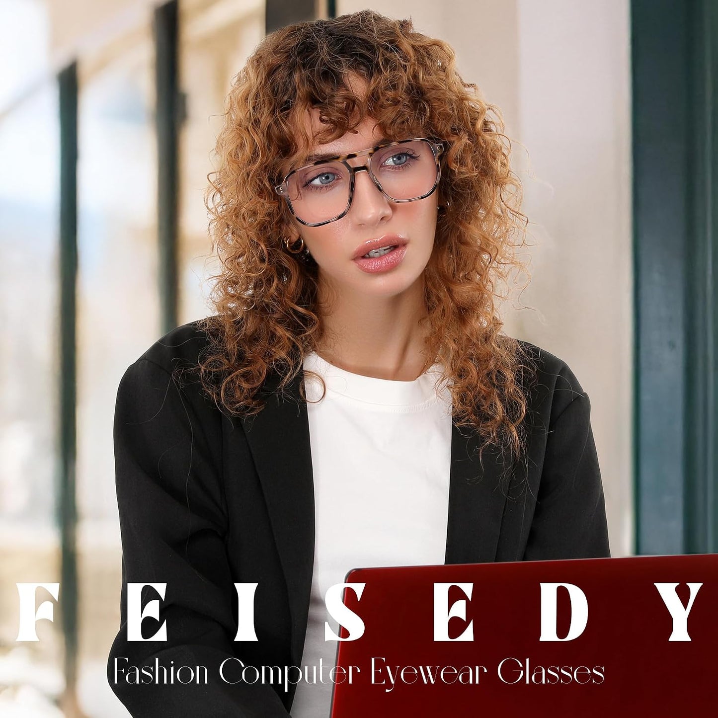 商品图片 65 | B0C6ZZXZ3F | FEISEDY Blue Light Glasses for Women Men Oversized Pilot Lightweight B2866