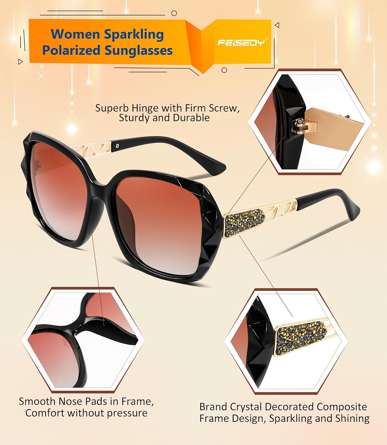 商品图片 57 | B079GT4RXH | FEISEDY Polarized Women Square Sunglasses Sparkling Composite Shiny Frame B2289
