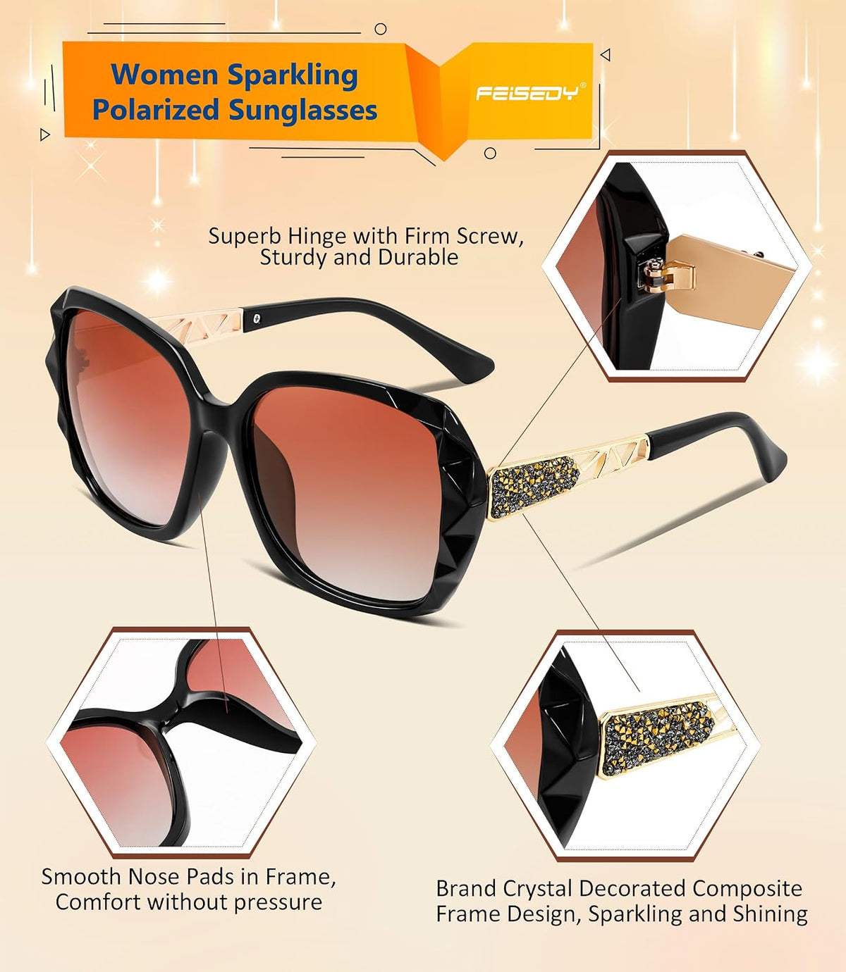 商品图片 57 | B079GT4RXH | FEISEDY Polarized Women Square Sunglasses Sparkling Composite Shiny Frame B2289