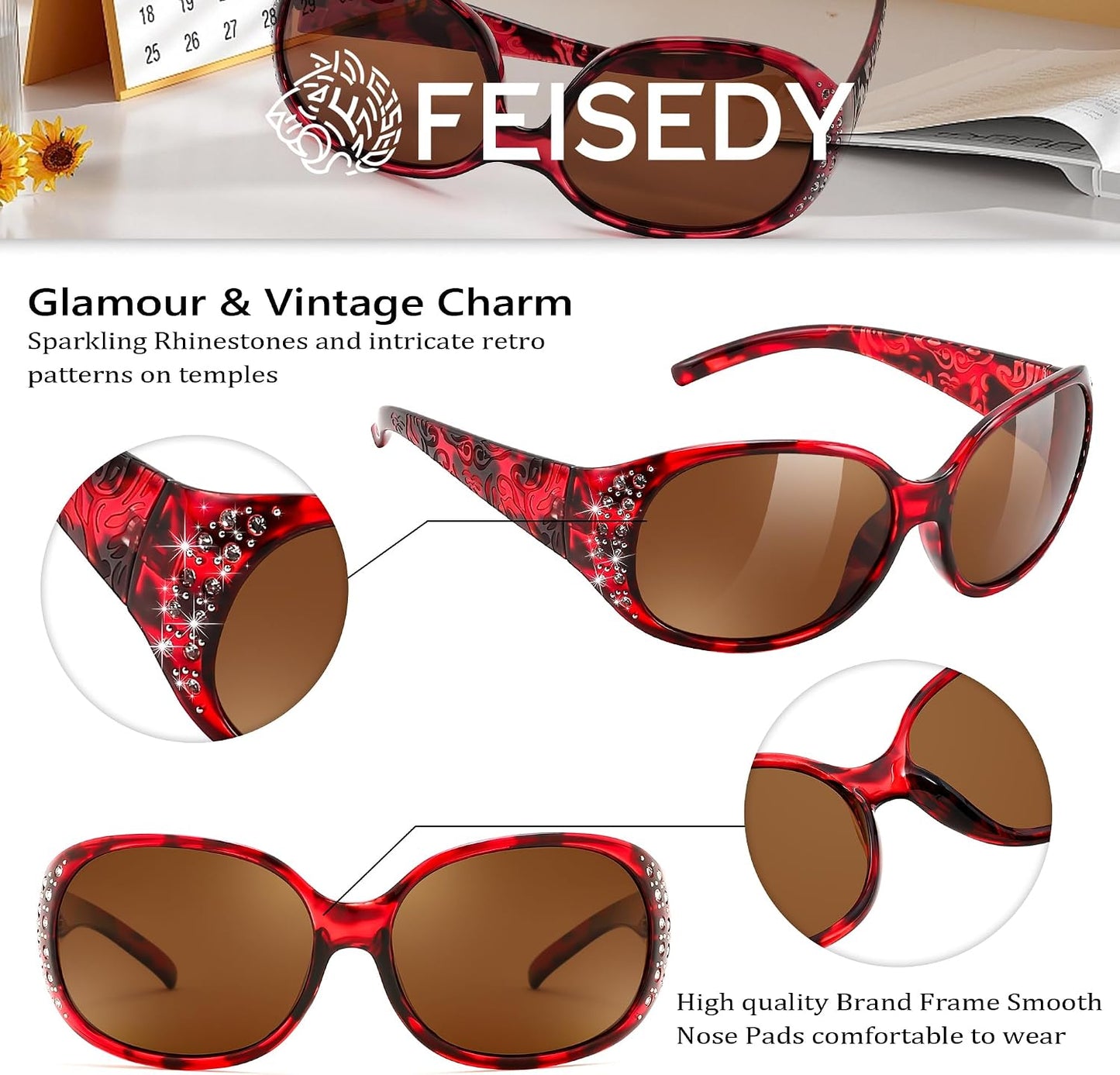 商品图片 51 | B0FZT6D16L | FEISEDY Women's Polarized Sunglasses Wrap Around Rhinestone Design Fashion Sunnies UV400 Protection B1091