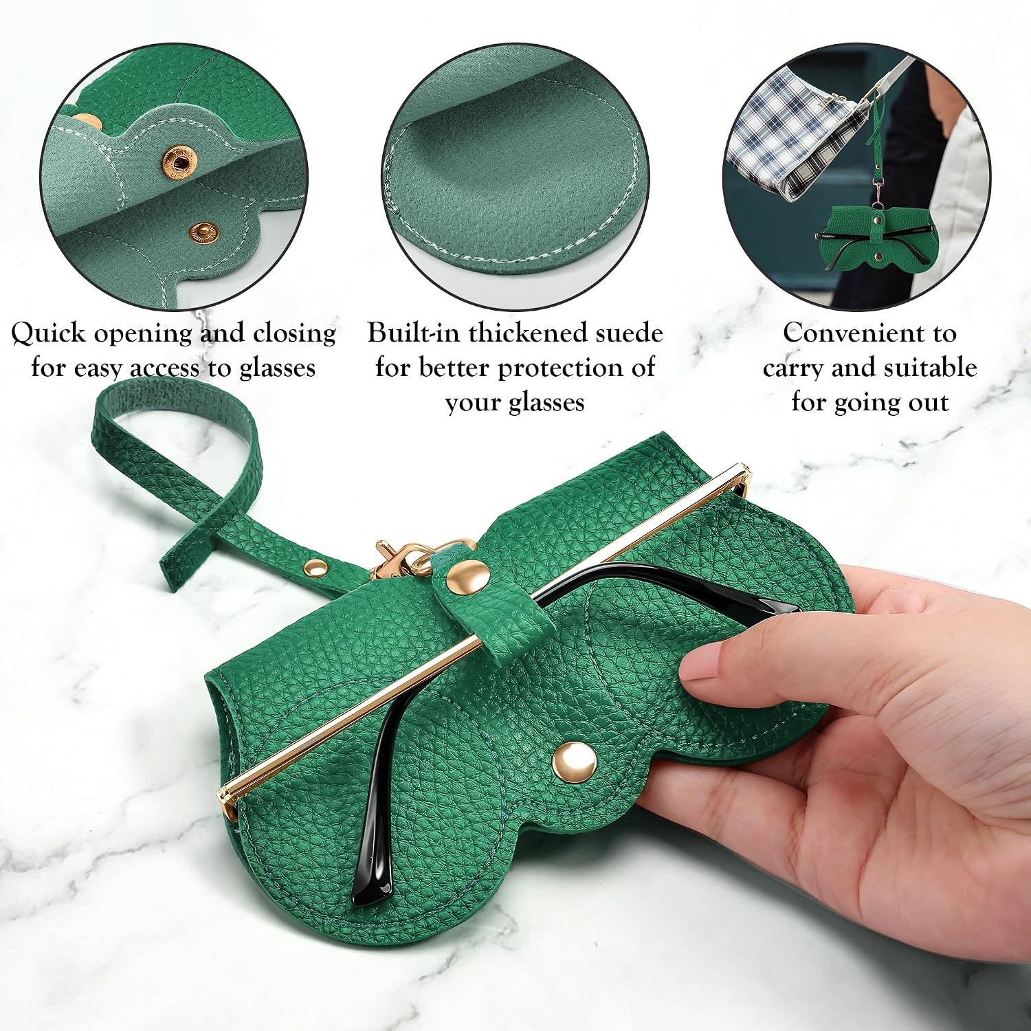 商品图片 33 | B0CFPPR4K1 | FEISEDY 2Pack Soft Leather Sunglass Bag, Portable Holder Eyeglasses Case | Lightweight Portable Design, With Button Clip Wrist Strap for Travel Daily Use B0049