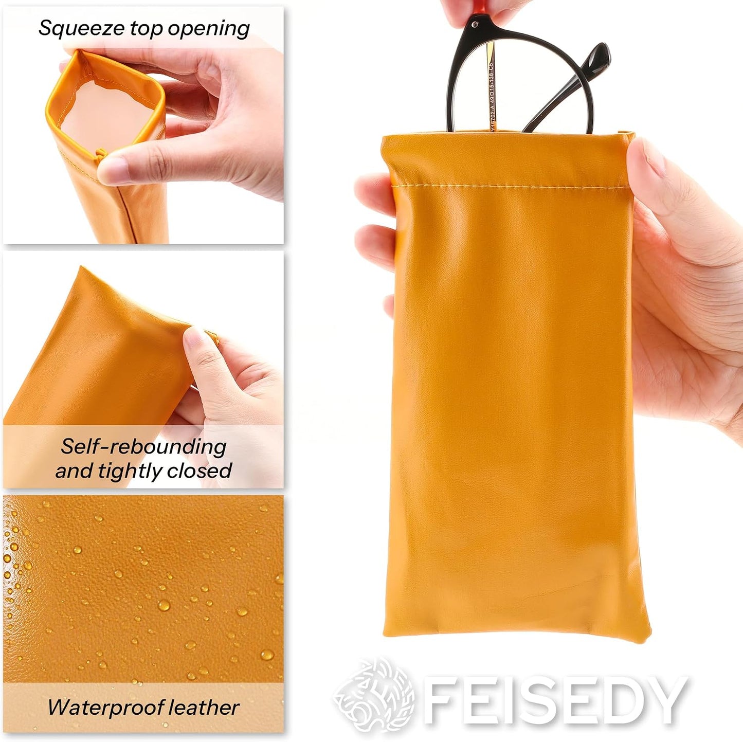 商品图片 2 | B0FGXSSRD3 | FEISEDY 4Pack Squeeze Top Sunglasses Cases, PU Leather Spring Closure Eyeglasser, Organizer Bag Portable Pocket Glasses Case