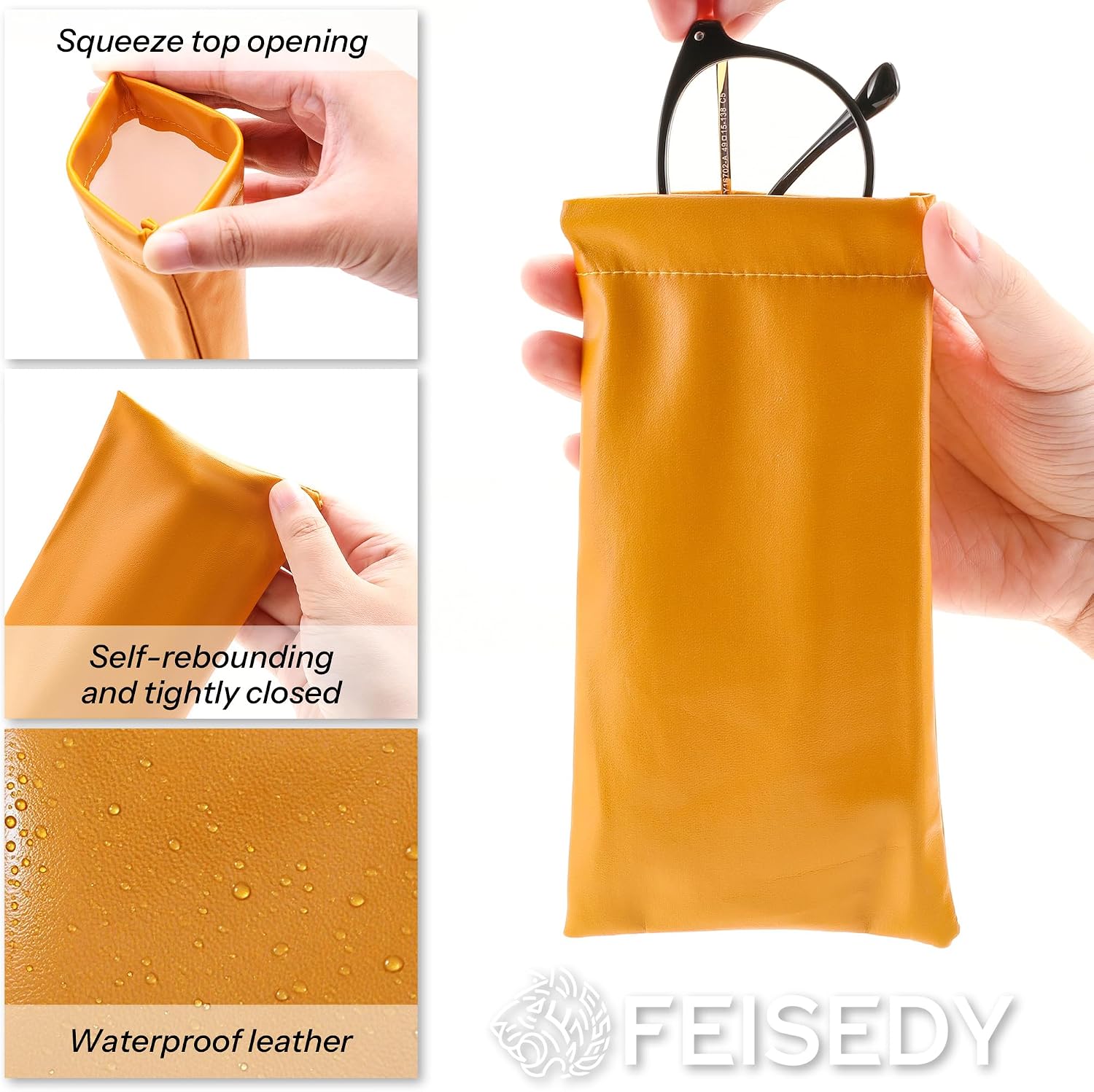 商品图片 2 | B0FGXSSRD3 | FEISEDY 4Pack Squeeze Top Sunglasses Cases, PU Leather Spring Closure Eyeglasser, Organizer Bag Portable Pocket Glasses Case