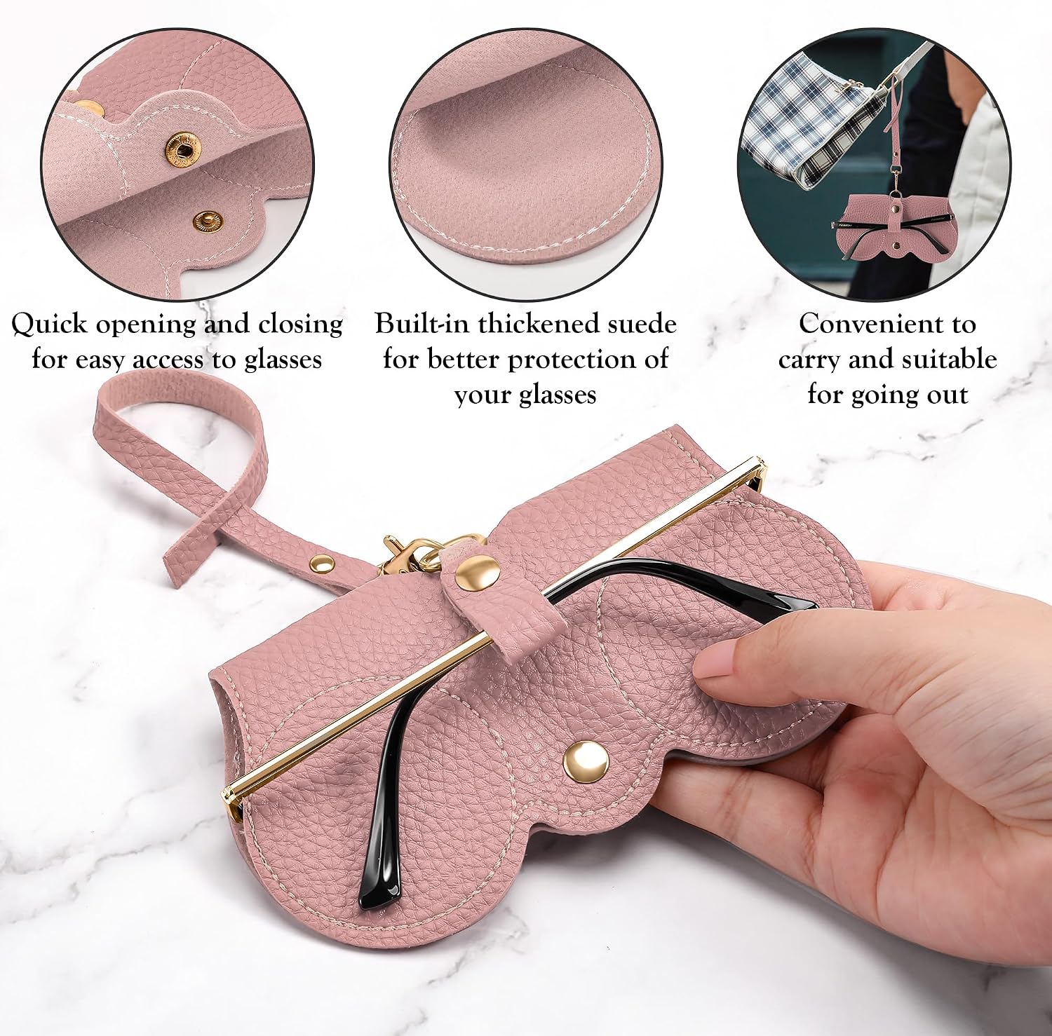 商品图片 19 | B0CFPPR4K1 | FEISEDY 2Pack Soft Leather Sunglass Bag, Portable Holder Eyeglasses Case | Lightweight Portable Design, With Button Clip Wrist Strap for Travel Daily Use B0049