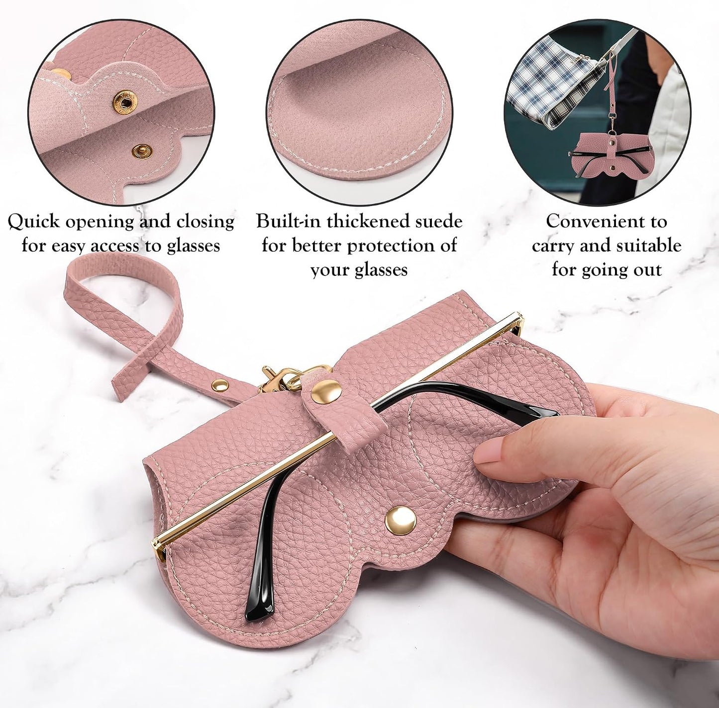 商品图片 19 | B0CFPPR4K1 | FEISEDY 2Pack Soft Leather Sunglass Bag, Portable Holder Eyeglasses Case | Lightweight Portable Design, With Button Clip Wrist Strap for Travel Daily Use B0049