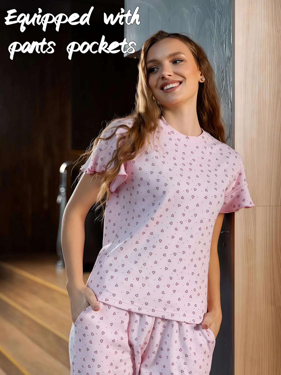 商品图片 4 | B0GXHH98M1 | Womens Pajamas Sets 2 Piece Short Ruffle Sleeve Cute Printed Pj Sets Soft Loose Lounge Sleepwear for Women