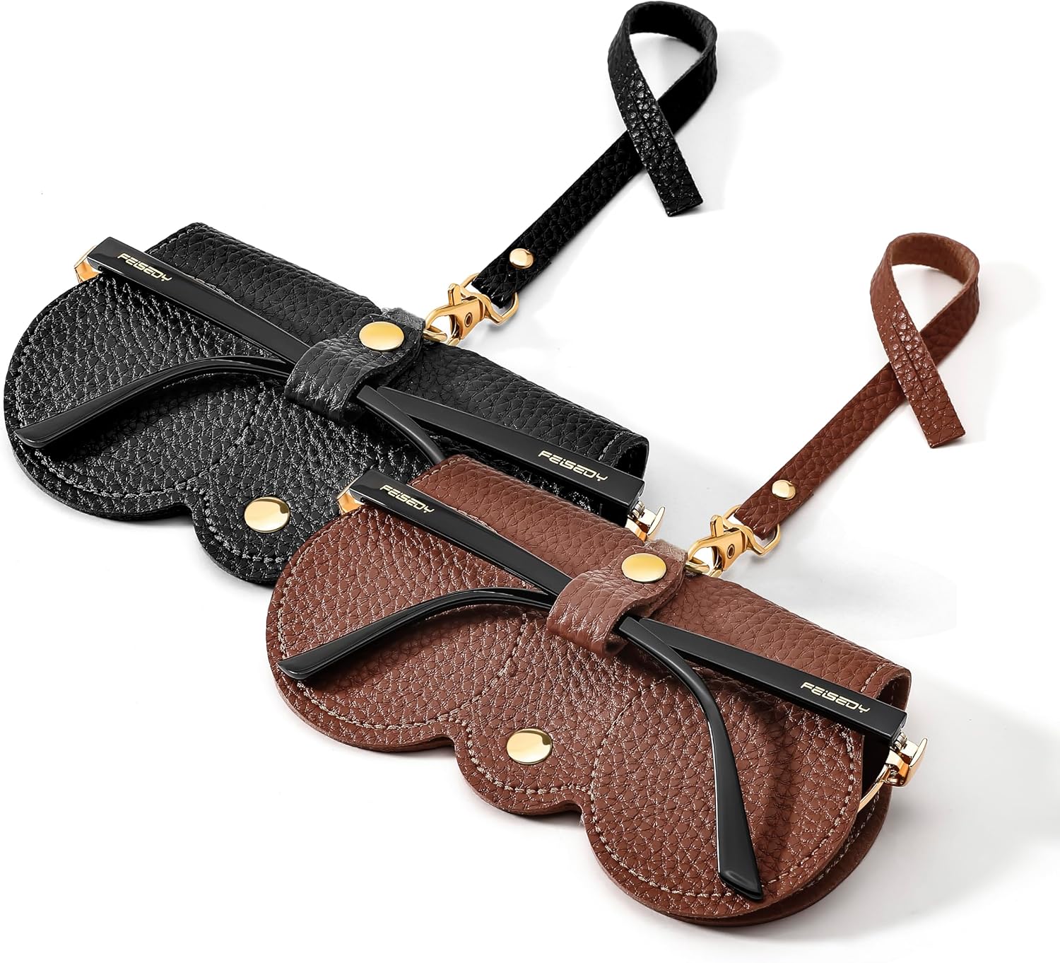 FEISEDY 2Pack Soft Leather Sunglass Bag, Portable Holder Eyeglasses Case | Lightweight Portable Design, With Button Clip Wrist Strap for Travel Daily Use B0049 | BLACK Series - Black + Brown