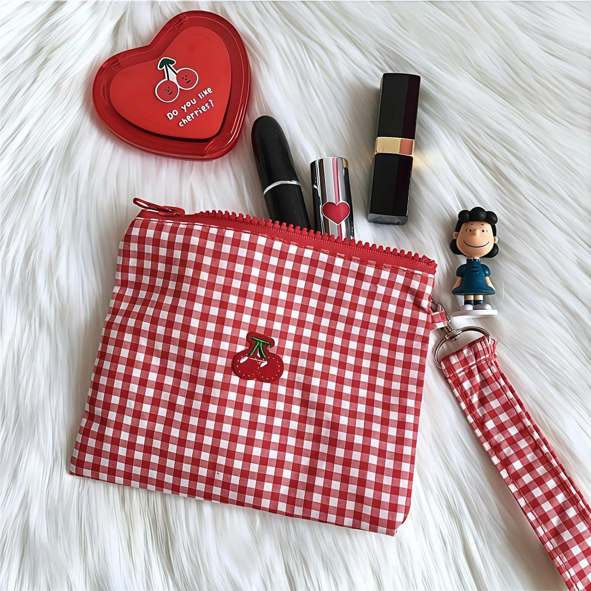 商品图片 2 | B0H2HN71LH | Cherry Coin Purse, Red Checkered Embroidered Cherry Canvas Makeup Bag, Sanitary Napkin Storage Pouch with Wrist Strap