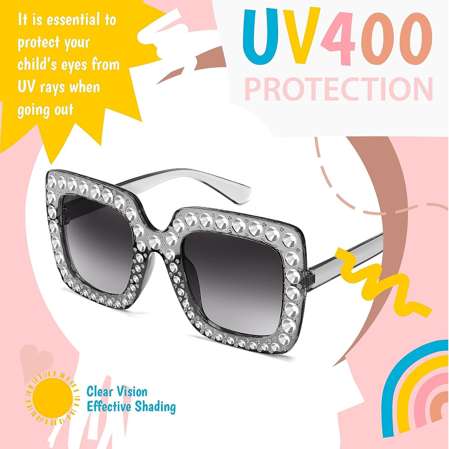 商品图片 25 | B0CFHLB4YT | FEISEDY Kids Sunglasses for Girls Oversized Square Sparkling Party Sun Glasses Lightweight Fashion Shades B0053