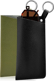 Black + Green | B0FKBL5X8R | FEISEDY 2Pack Portable Glasses Case with Clip Hook, Soft Leather Eyeglass case Bag, Slim Sunglasses Pouch B0313