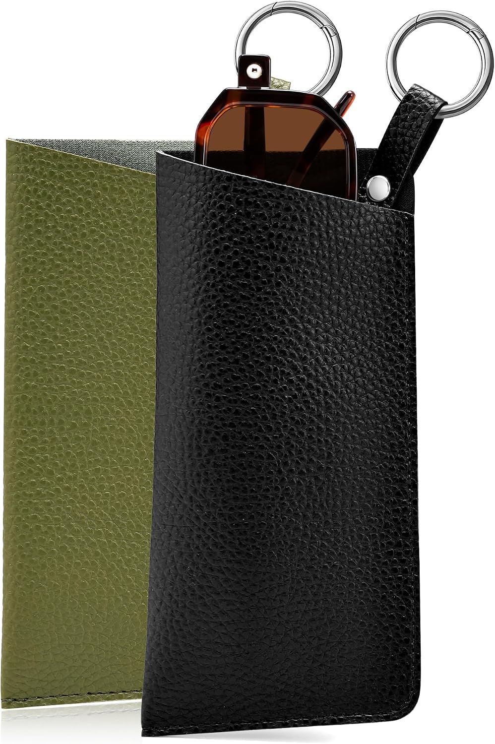 Black + Green | B0FKBL5X8R | FEISEDY 2Pack Portable Glasses Case with Clip Hook, Soft Leather Eyeglass case Bag, Slim Sunglasses Pouch B0313