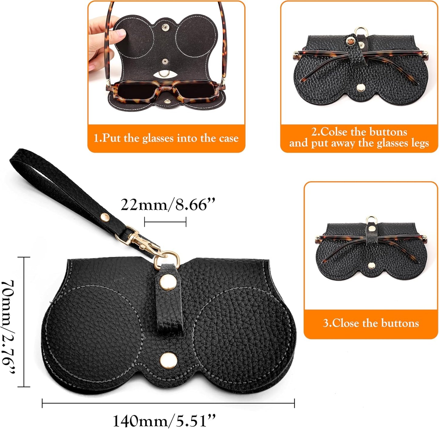 商品图片 24 | B0CFPPR4K1 | FEISEDY 2Pack Soft Leather Sunglass Bag, Portable Holder Eyeglasses Case | Lightweight Portable Design, With Button Clip Wrist Strap for Travel Daily Use B0049