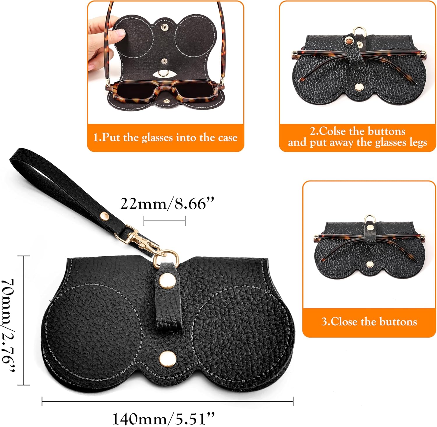 商品图片 24 | B0CFPPR4K1 | FEISEDY 2Pack Soft Leather Sunglass Bag, Portable Holder Eyeglasses Case | Lightweight Portable Design, With Button Clip Wrist Strap for Travel Daily Use B0049