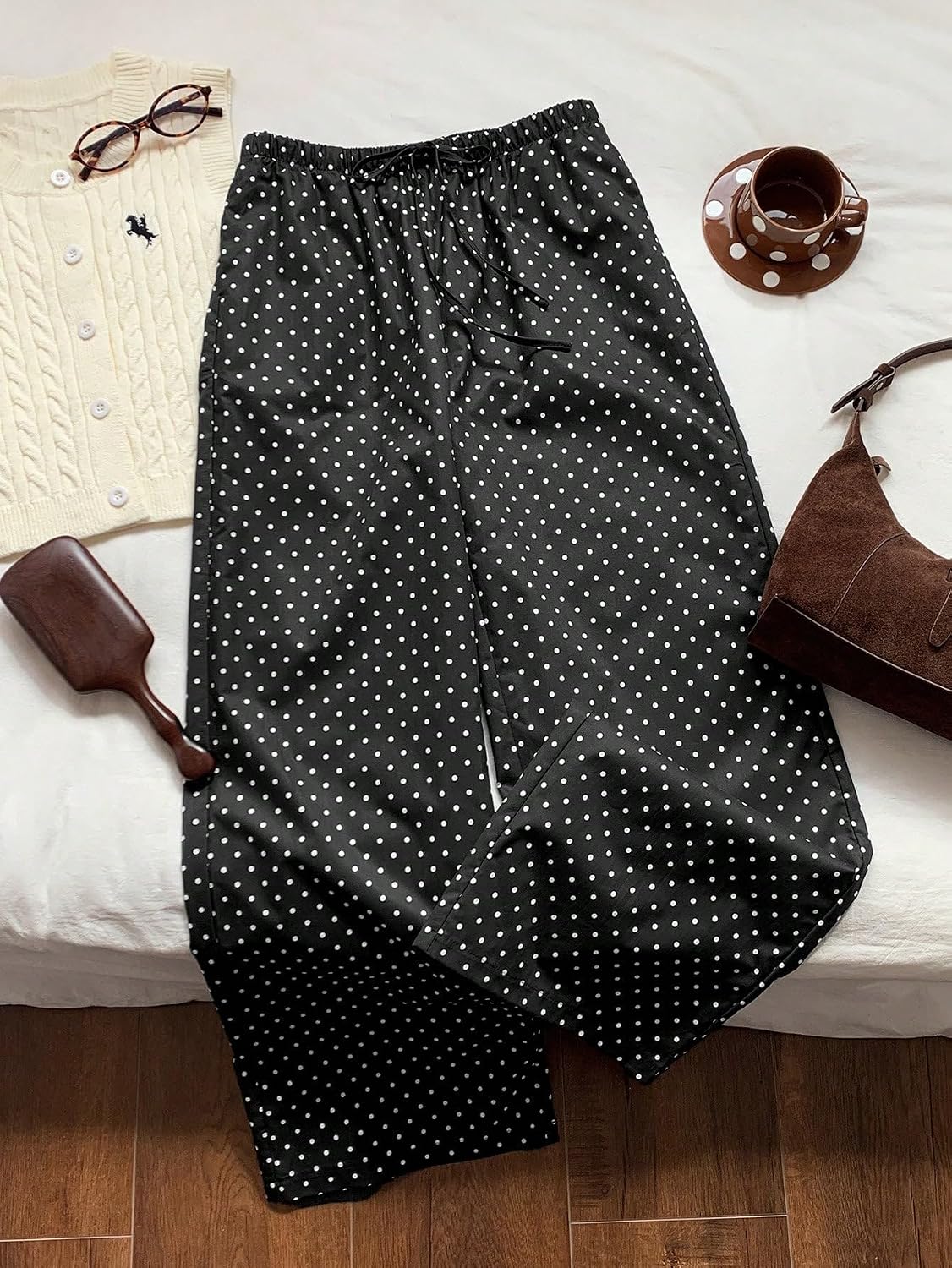 商品图片 2 | B0H2VK5DLH | Women Black Polka Dots Wide Leg Pants, Drawstring Elastic Waist Casual Lounge Sweatpants with Pockets