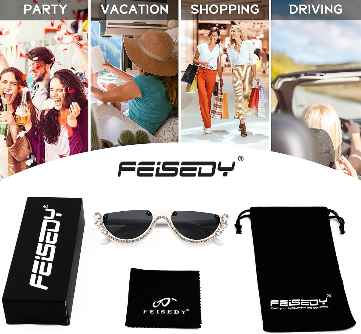 ÉÌƷͼƬ 4 | B0BKQFVBKQ | FEISEDY Women Crystal Cateye Sunglasses Half Frame Sparkling Trendy Retro Clout Goggles B2975