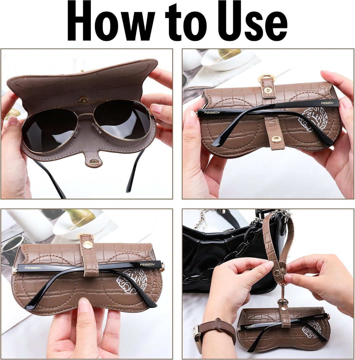 ÉÌƷͼƬ 5 | B0H4QTYMQP | FEISEDY Soft Crocodile Textured Leather Sunglass Bag, Portable Glasses Pouch With Button Clip Wrist Strap B0366