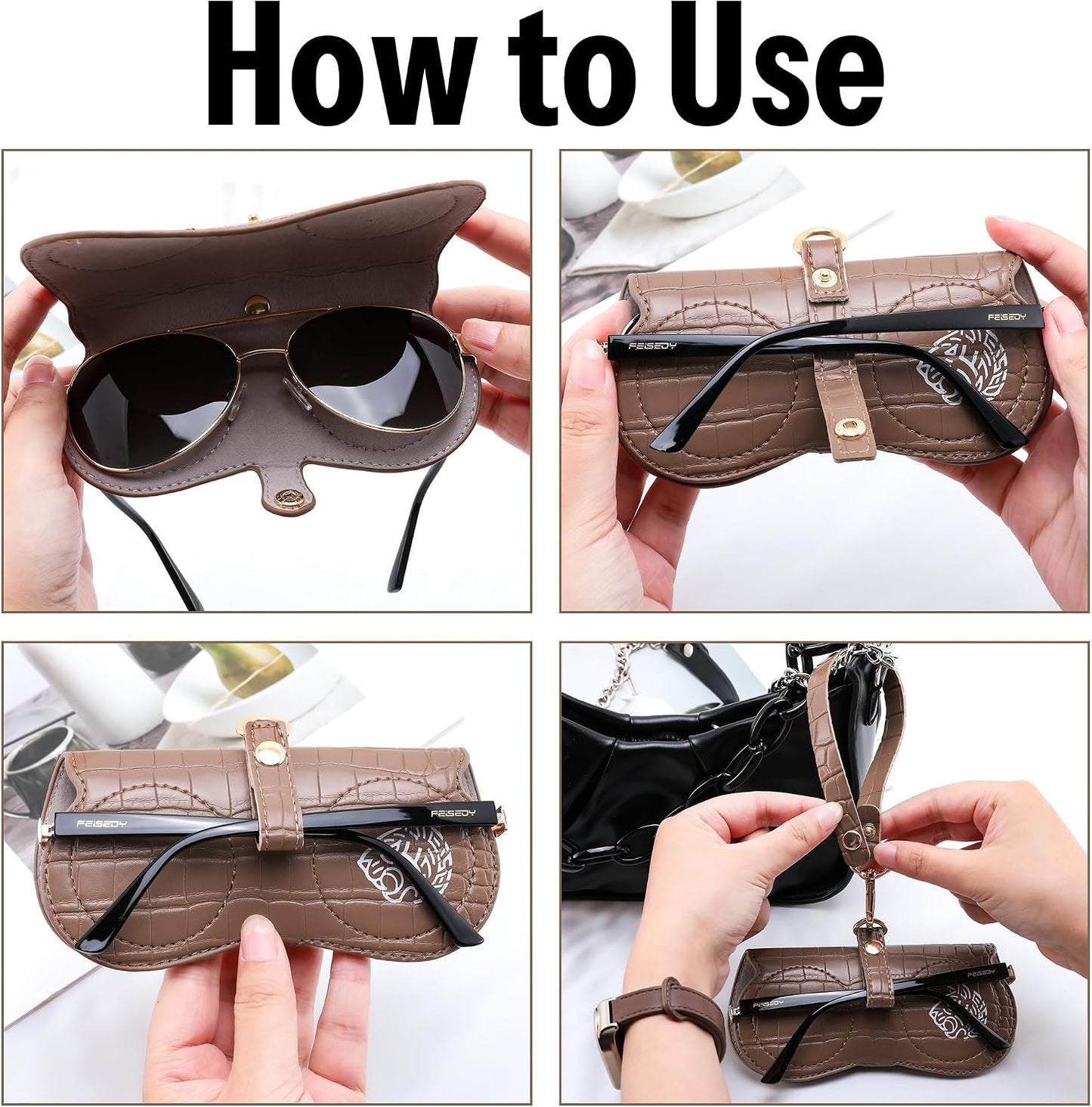 商品图片 5 | B0H4QTYMQP | FEISEDY Soft Crocodile Textured Leather Sunglass Bag, Portable Glasses Pouch With Button Clip Wrist Strap B0366