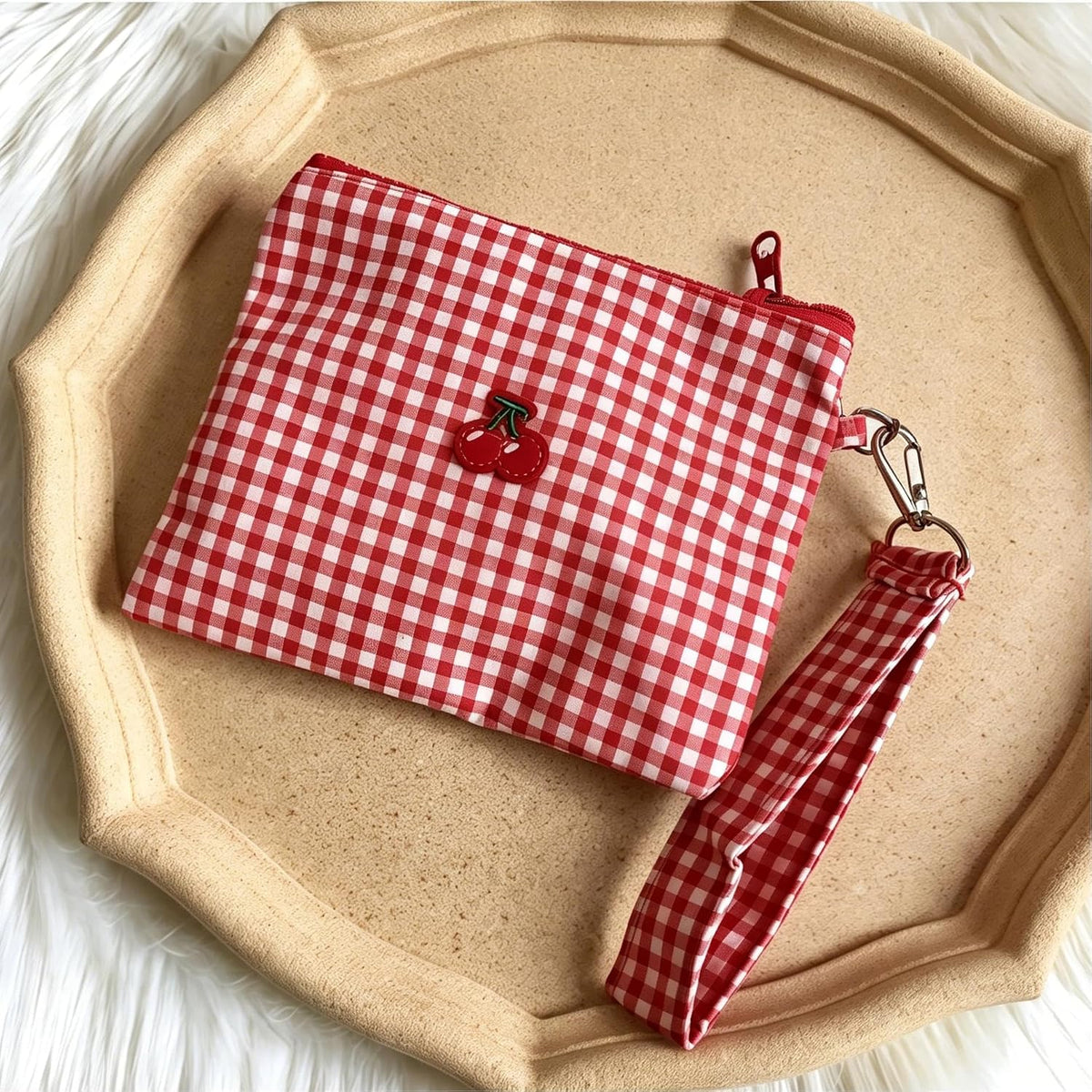Red & White Grid | B0H2HN71LH | Cherry Coin Purse, Red Checkered Embroidered Cherry Canvas Makeup Bag, Sanitary Napkin Storage Pouch with Wrist Strap