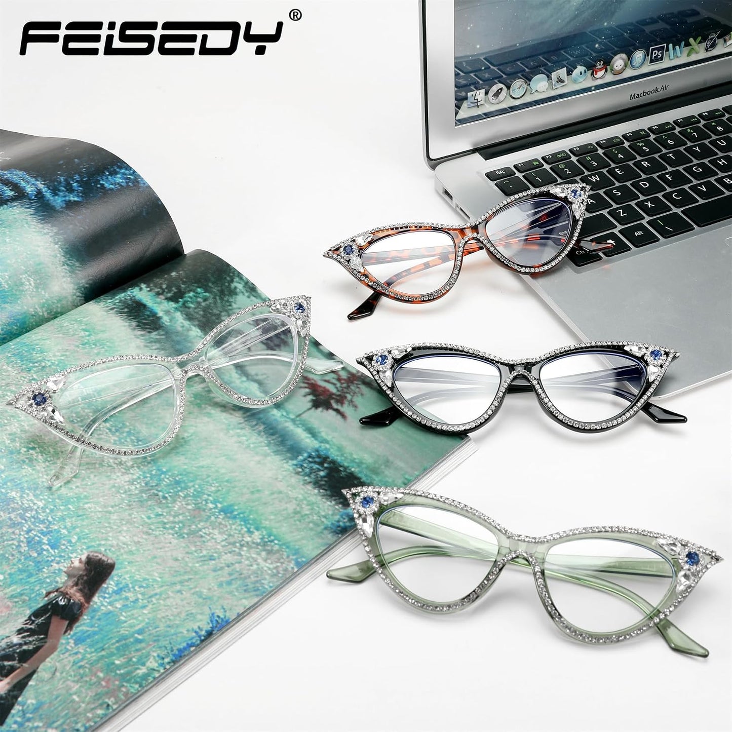 商品图片 8 | B0CQ55685Z | FEISEDY Diamond Blue Light Blocking Glasses Cat Eye Rhinestone Women Glasses Frame Anti Eyestrain Computer Eyewear B0070
